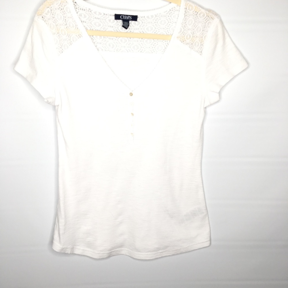 Chaps Crochet Inset Button Henley White Medium